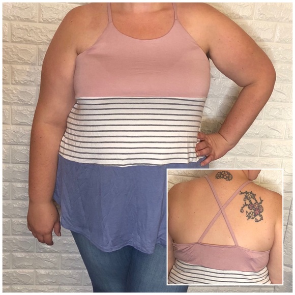 Tops - Pink, white, grey blue striped color blocked tank